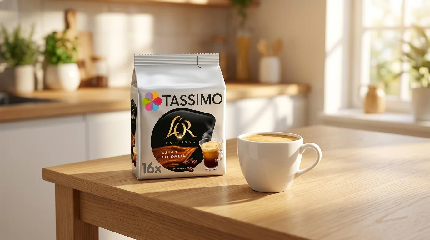Balenie kávových kapsúl Tassimo L'OR Lungo Colombia vedľa bielej šálky s kávou na drevenom stole v kuchyni.