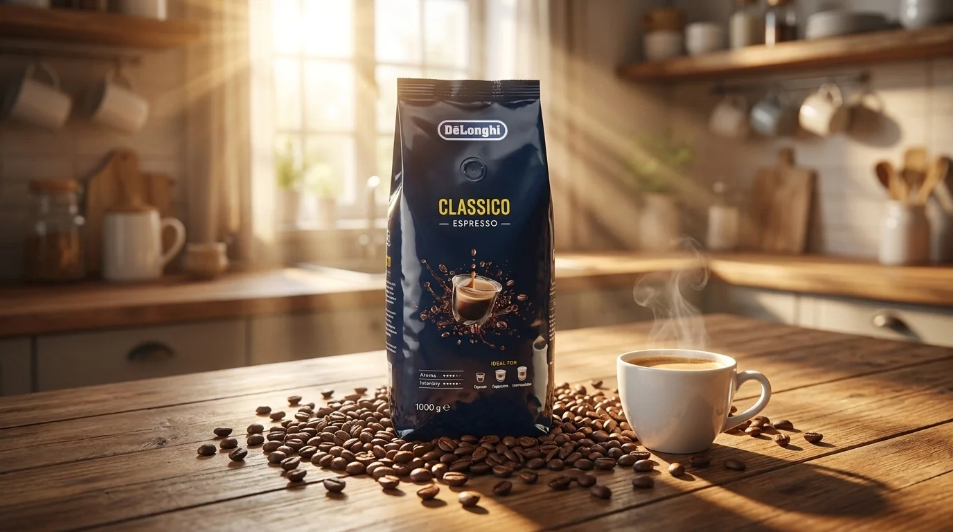 Balenie zrnkovej kávy De'Longhi Classico Espresso na drevenom stole vedľa šálky horúcej kávy a rozsypaných kávových zŕn.