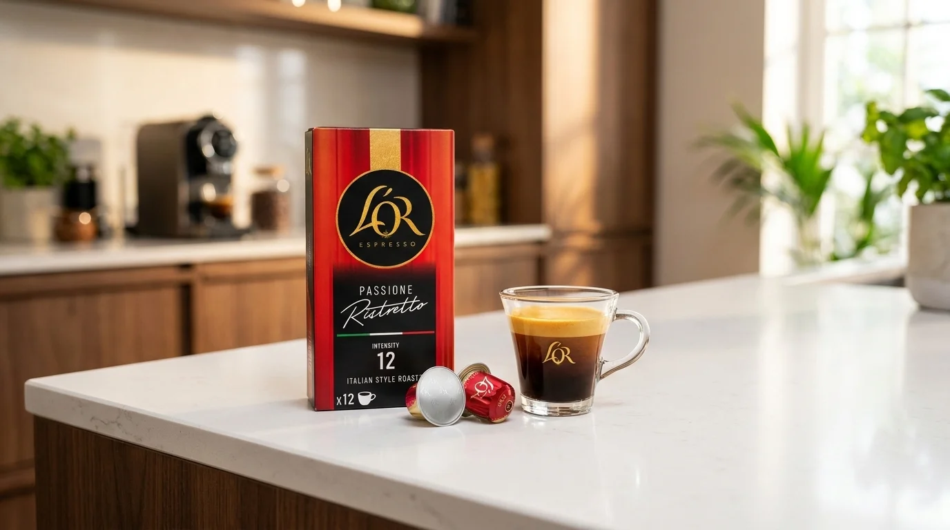 Krabička kávových kapslí L'OR Passione Ristretto, dvě kapsle a skleněný šálek s kávou na bílé kuchyňské lince.