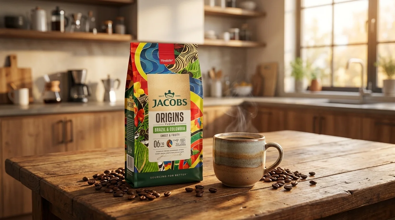 Balenie zrnkovej kávy Jacobs Origins Brazil & Colombia na drevenom stole vedľa dymiacej šálky a rozsypaných kávových zŕn.
