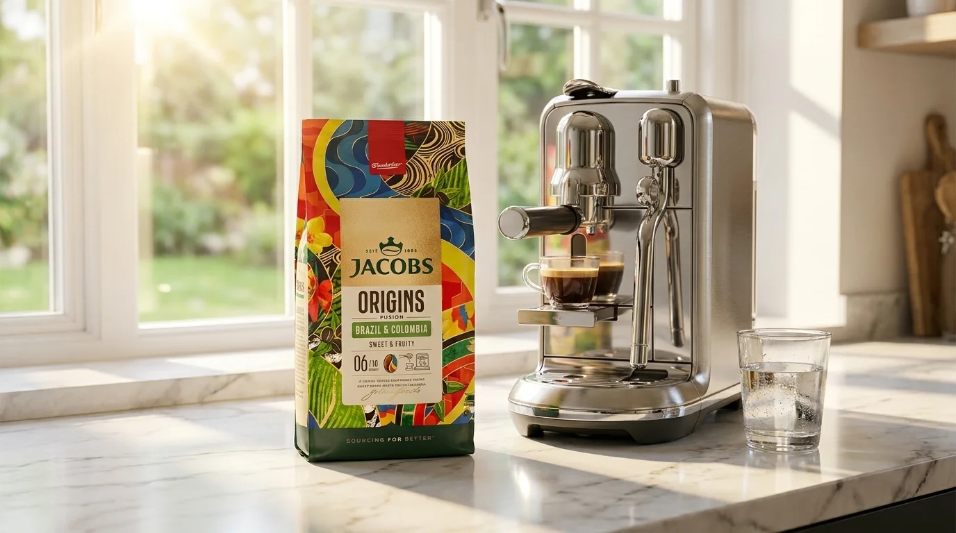 Balenie zrnkovej kávy Jacobs Origins Brazil & Colombia na kuchynskej linke vedľa nerezového kávovaru s pripraveným espressom.