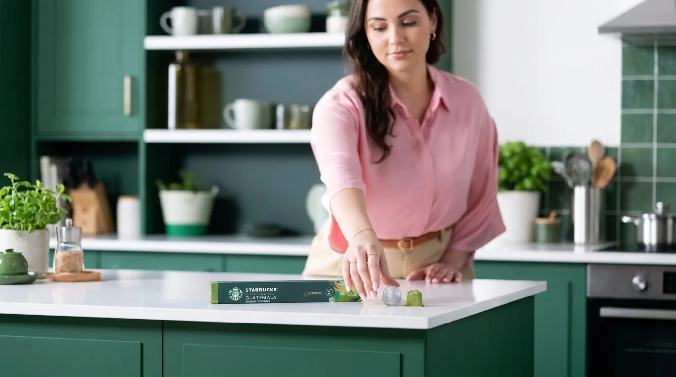 Žena v růžové košili sahá po kávové kapsli vedle krabičky Starbucks Guatemala na bílé kuchyňské lince.