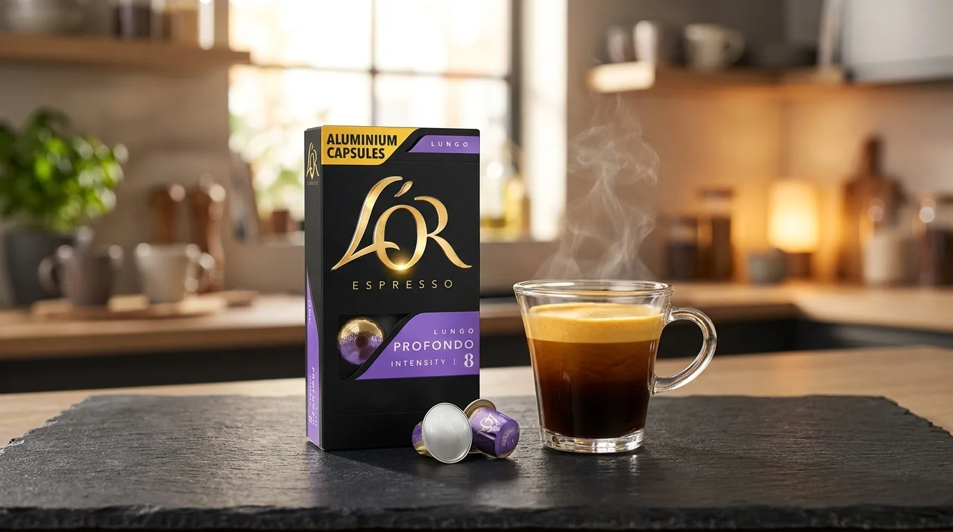 Krabička kávových kapslí L'OR Espresso Lungo Profondo, dvě volné kapsle a skleněný šálek s kouřící kávou na tmavé břidlicové podložce.