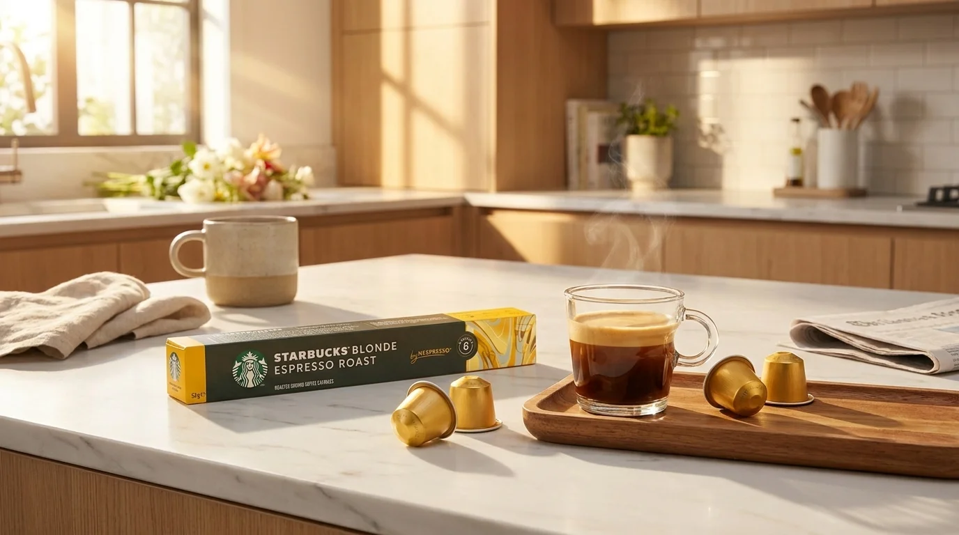 Krabička kávových kapslí Starbucks Blonde Espresso Roast, zlaté kapsle a skleněný šálek s kouřící kávou na kuchyňské lince.