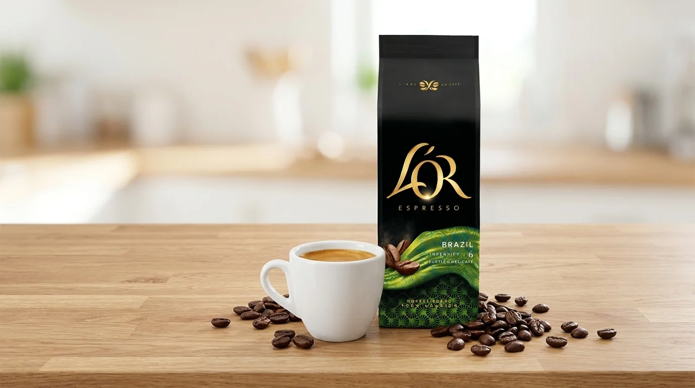Balenie zrnkovej kávy L'OR Espresso Brazil na drevenom stole vedľa bielej šálky s espressom a rozsypaných kávových zŕn.