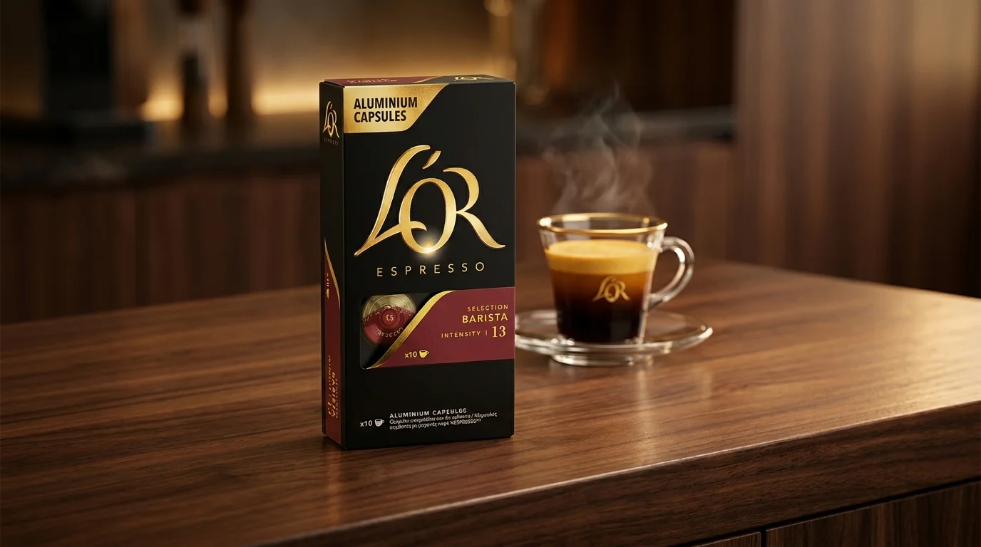 Krabička kávových kapslí L'OR Espresso Barista stojí na dřevěném stole vedle šálku s kouřícím espressem.