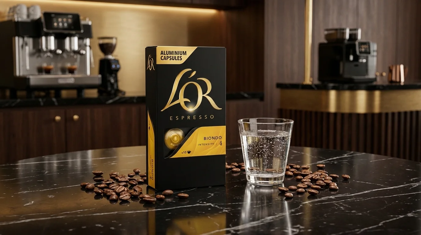 Černozlatá krabička kávových kapslí L'OR Espresso Biondo na mramorovém stole vedle sklenice vody a kávových zrn.