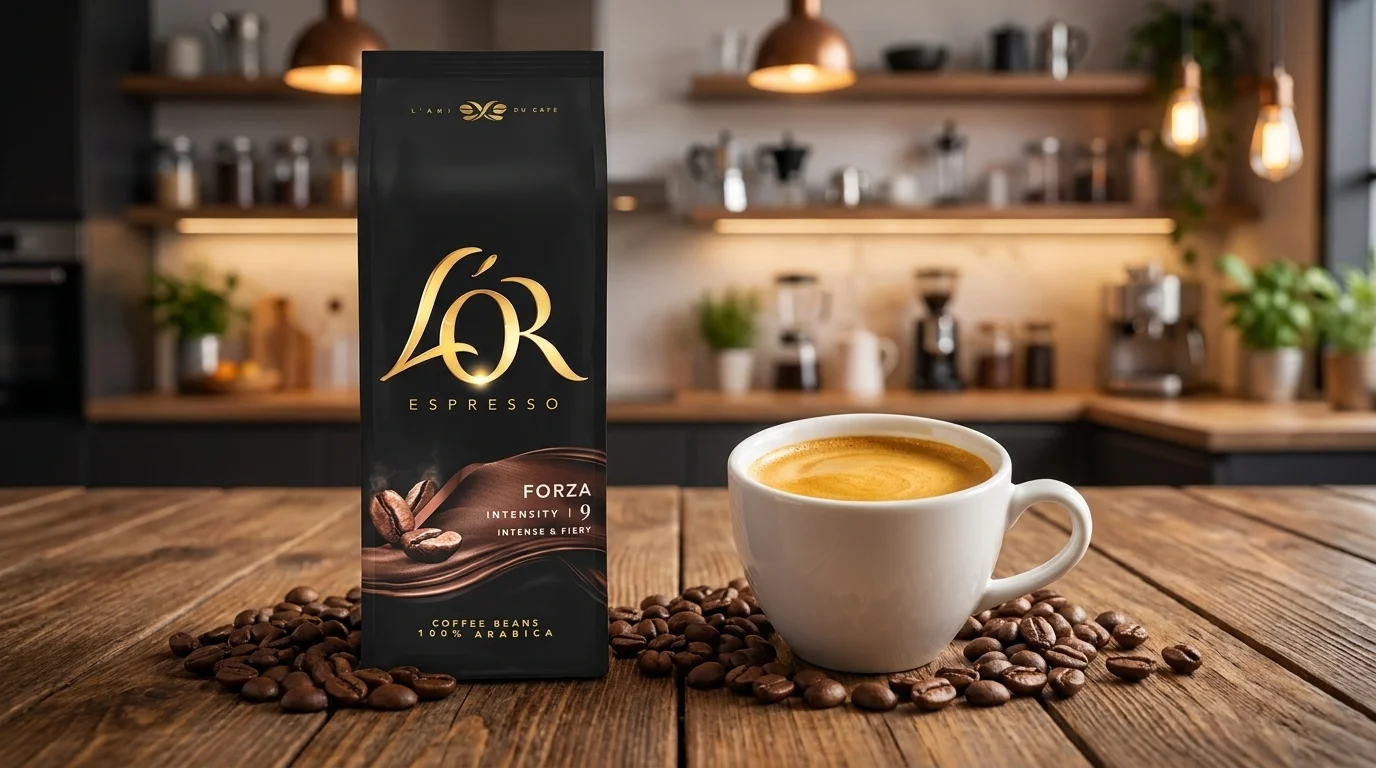 Čierne balenie zrnkovej kávy L'OR Espresso Forza a biela šálka espressa na drevenom stole s rozsypanými kávovými zrnami.