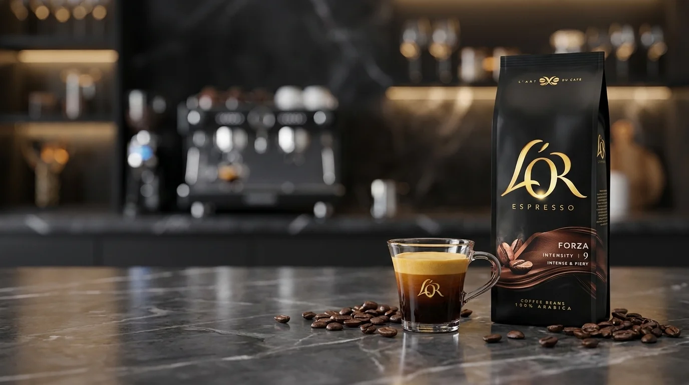 Balenie zrnkovej kávy L'OR Espresso Forza vedľa sklenenej šálky espressa s bohatou penou a rozsypaných kávových zŕn na tmavom mramorovom stole.