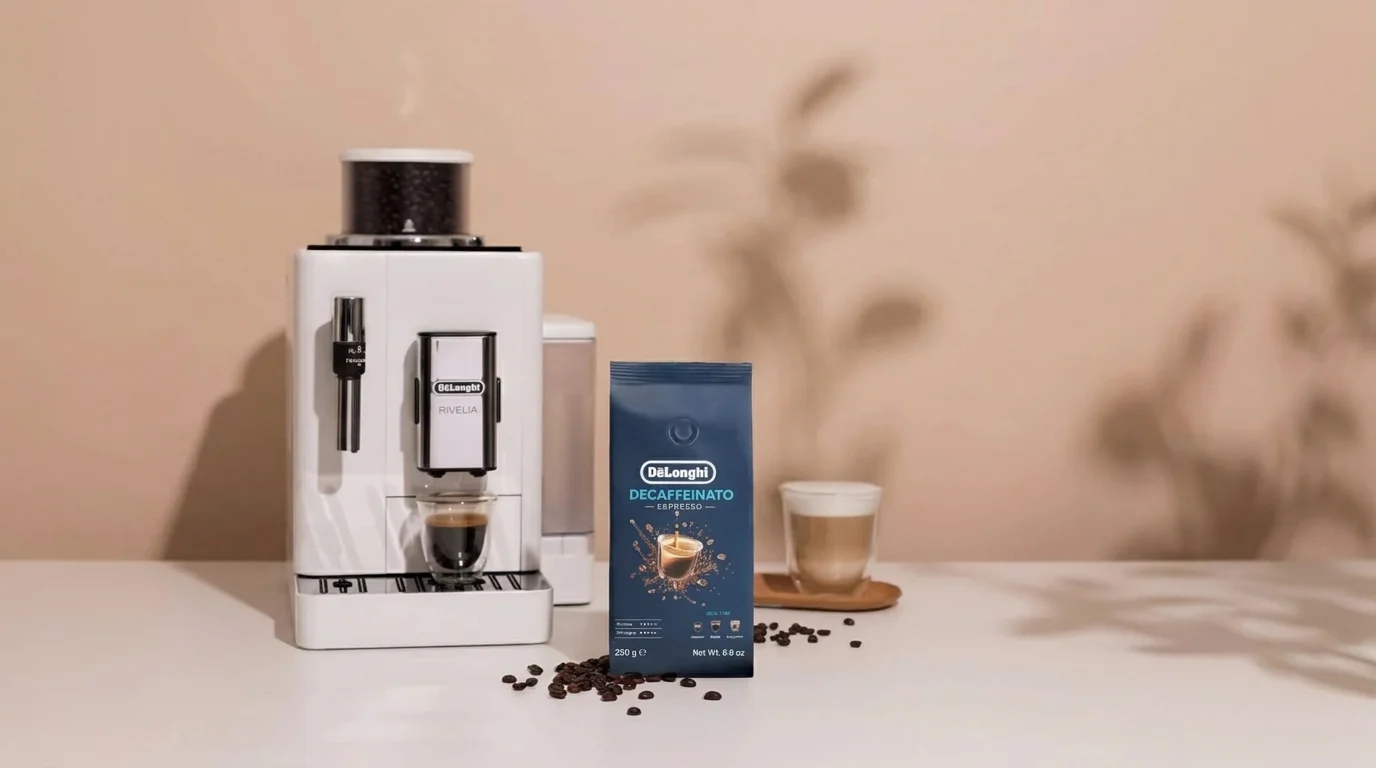 Biely kávovar De'Longhi a modré balenie bezkofeínovej zrnkovej kávy Decaffeinato s rozsypanými kávovými zrnami na svetlom stole.