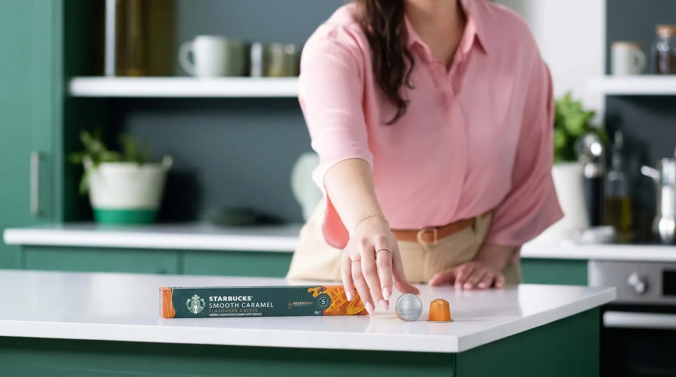Žena v růžové košili sahá po kávové kapsli na bílé kuchyňské lince vedle balení Starbucks Smooth Caramel.