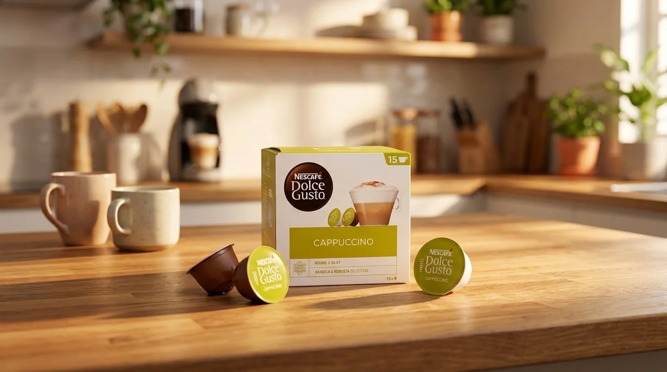 Balenie kávových kapsúl Nescafé Dolce Gusto Cappuccino a tri kapsuly na drevenej kuchynskej linke.
