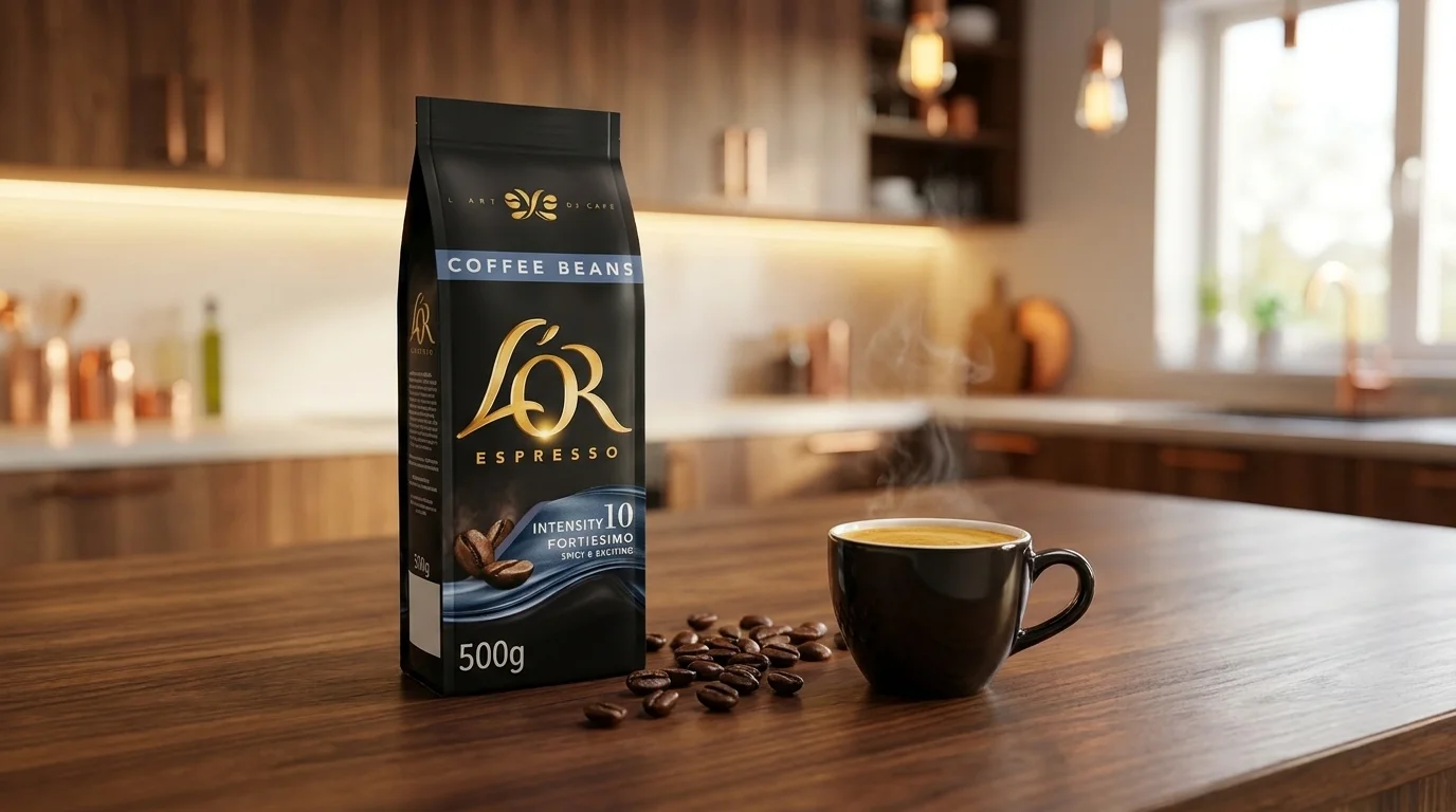 Čierne balenie zrnkovej kávy L'OR Espresso Fortissimo 500 g na drevenom stole vedľa šálky dymiaceho espressa a rozsypaných kávových zŕn.