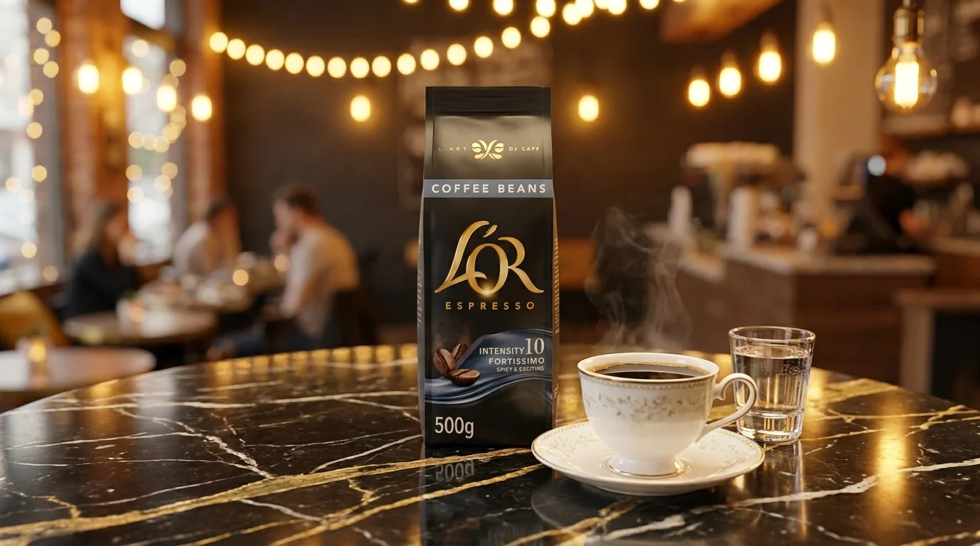 Balenie zrnkovej kávy L'OR Espresso Fortissimo 500 g na mramorovom stole vedľa dymiacej šálky espressa a pohára vody.