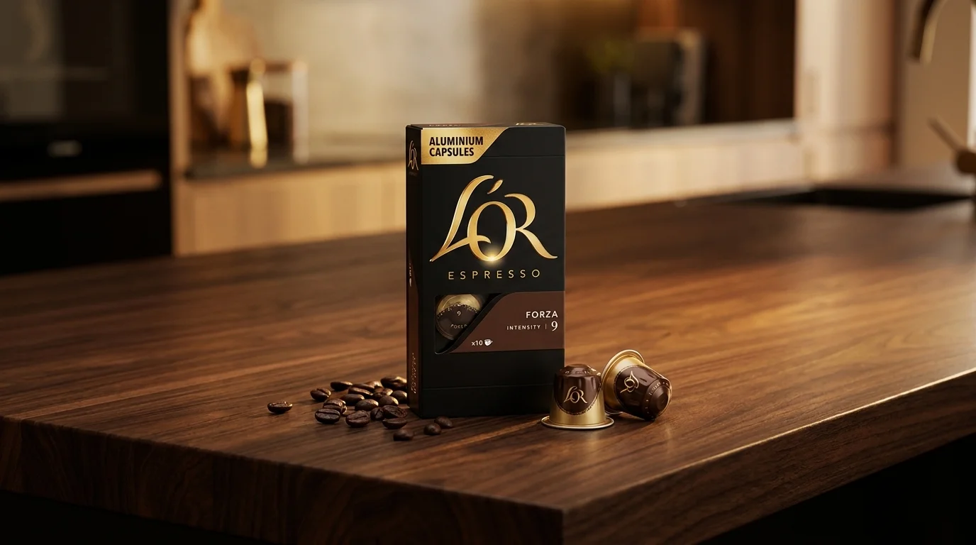 Krabička kávových kapslí L'OR Espresso Forza s kávovými zrny a dvěma kapslemi na dřevěné kuchyňské lince.