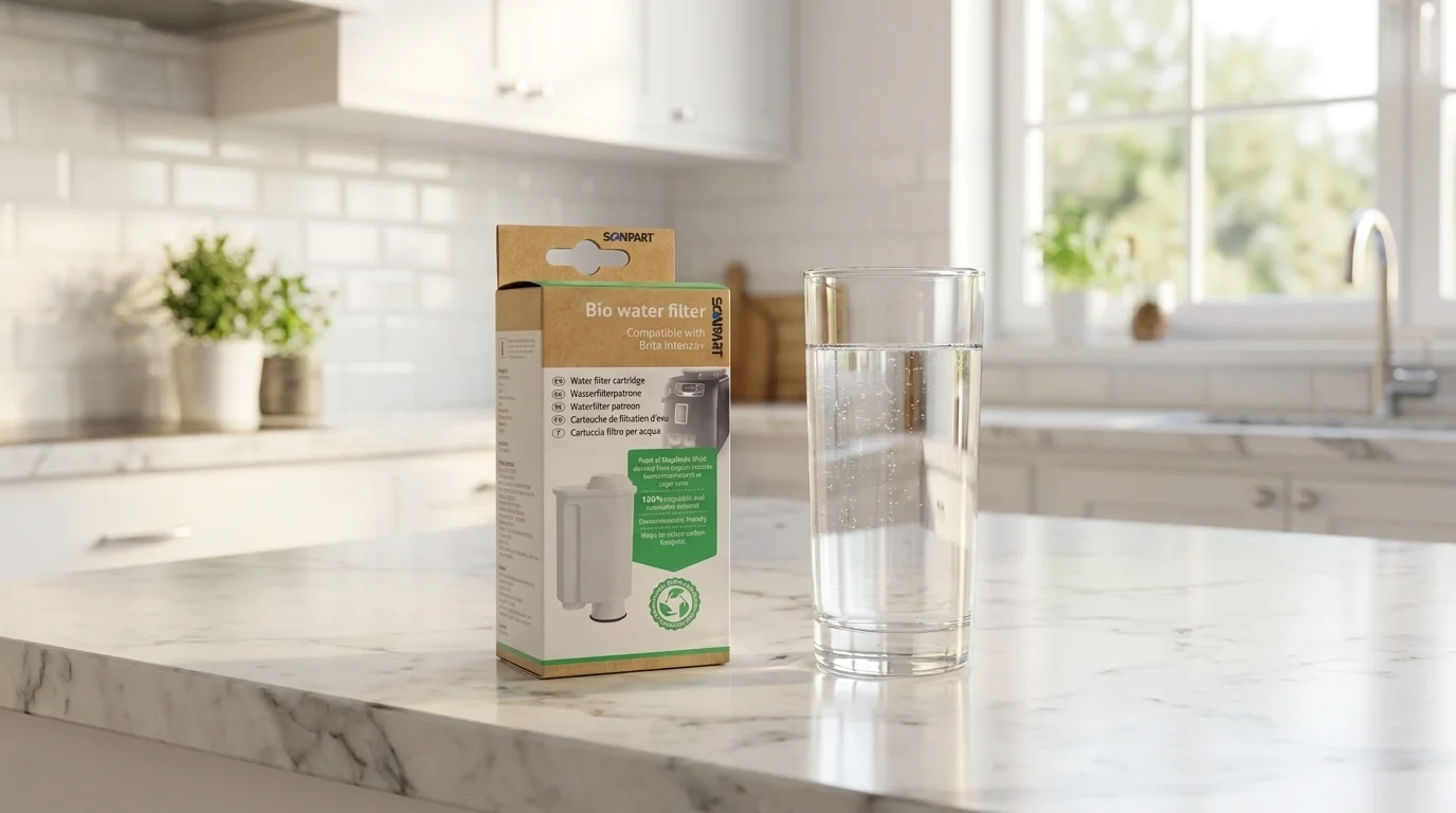 Krabička s vodním filtrem Scanpart Bio water filter a sklenice čisté vody na kuchyňské lince.