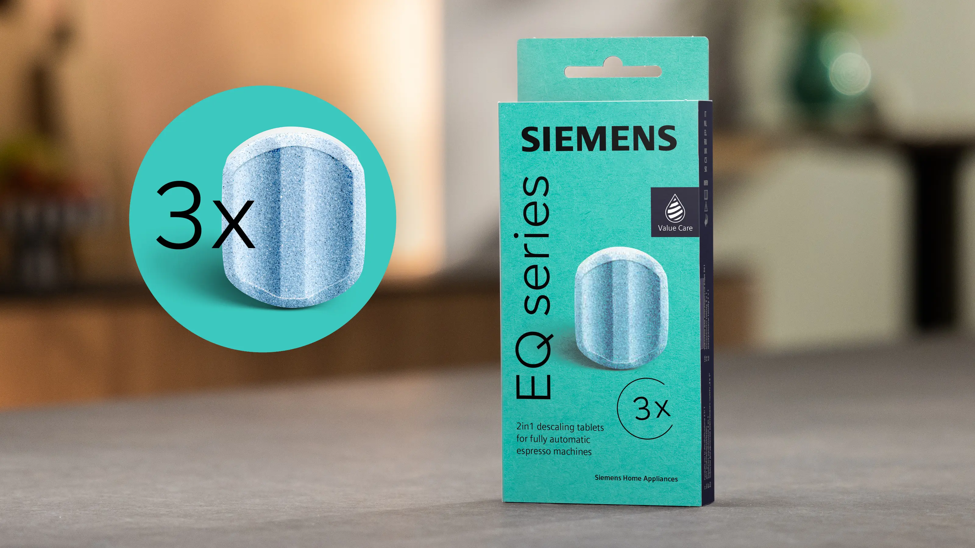 Tyrkysová krabička odvápňovacích tablet Siemens EQ series s detailem tablety a označením 3x.