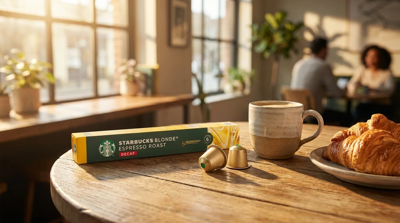 Balení kapslí Starbucks Blonde Espresso Roast Decaf se dvěma kapslemi, hrnkem kávy a croissantem na dřevěném stole v prosvětlené kavárně.