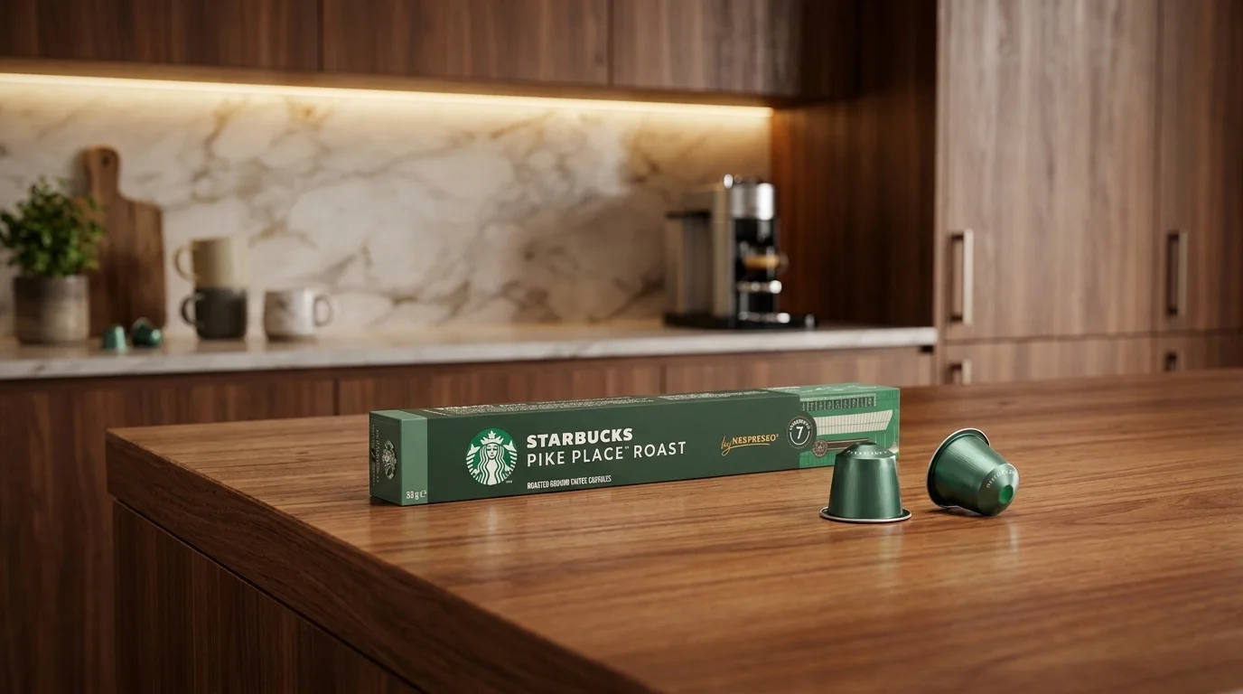 Zelená krabička kávových kapslí Starbucks Pike Place Roast a dvě zelené kapsle na dřevěném stole v kuchyni.