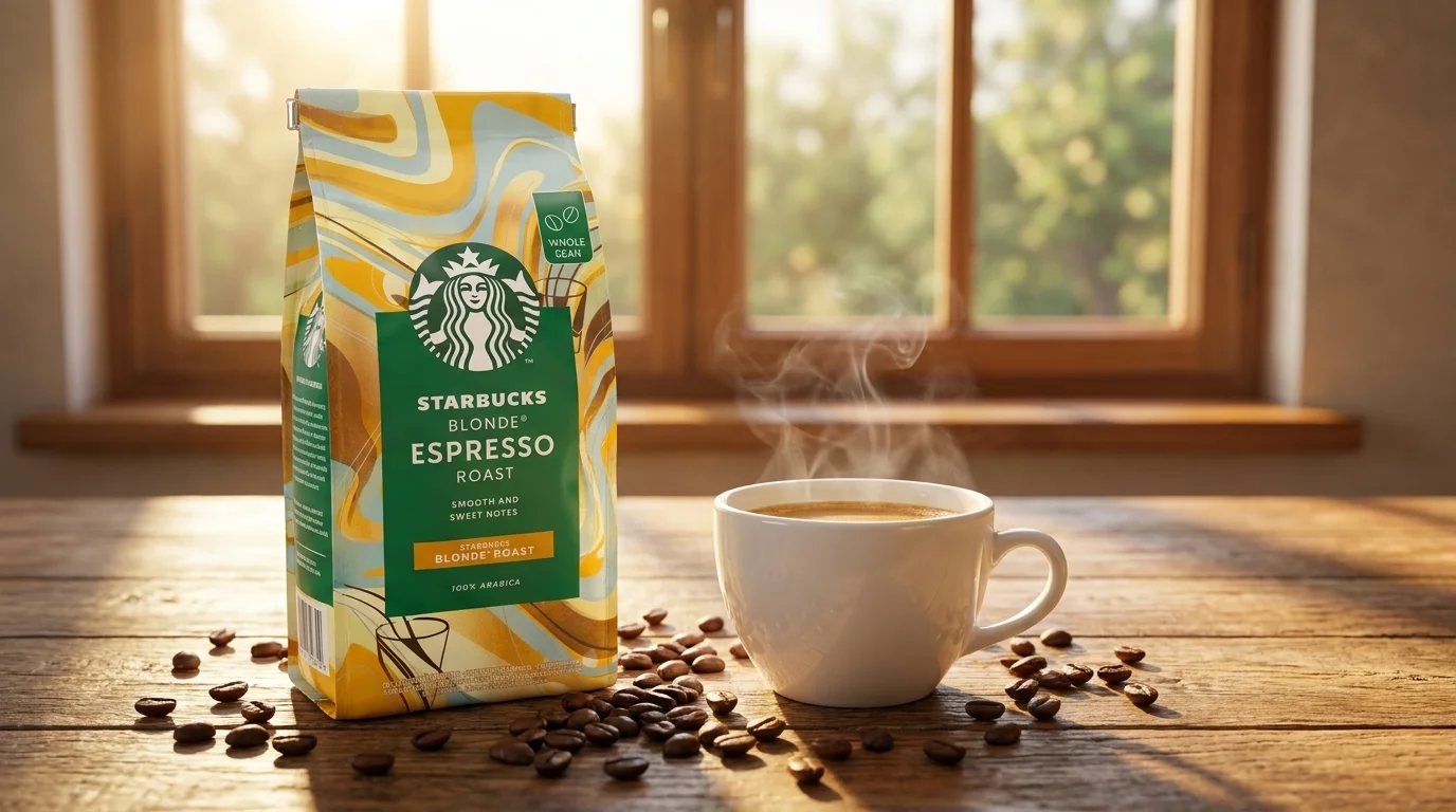 Balenie zrnkovej kávy Starbucks Blonde Espresso Roast na drevenom stole vedľa šálky horúcej kávy a rozsypaných kávových zŕn.