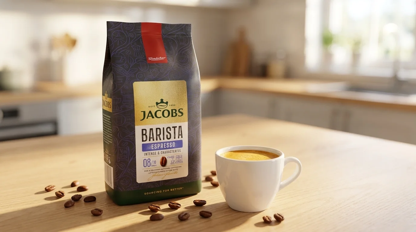 Balenie zrnkovej kávy Jacobs Barista Espresso na drevenom stole vedľa bielej šálky s kávou a rozsypaných kávových zŕn.
