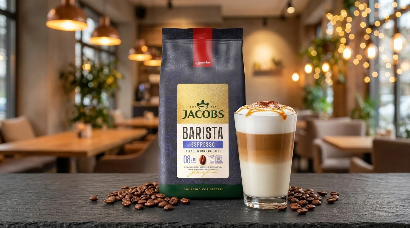 Balenie zrnkovej kávy Jacobs Barista Espresso vedľa pohára s vrstvenou kávou a rozsypaných kávových zŕn na tmavom stole s rozmazaným pozadím kaviarne.