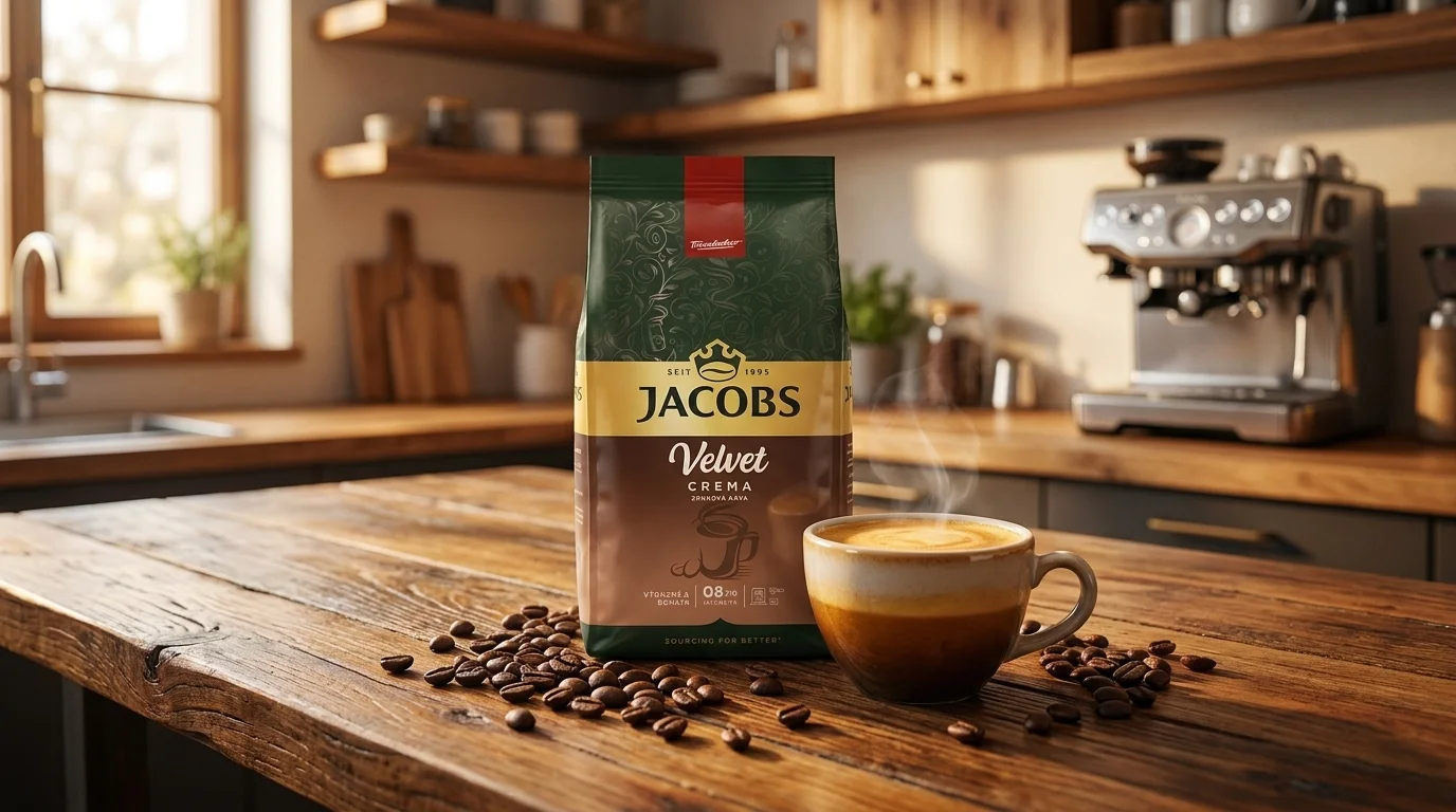Balenie zrnkovej kávy Jacobs Velvet Crema na drevenej kuchynskej linke vedľa šálky s teplou kávou a rozsypaných kávových zŕn.