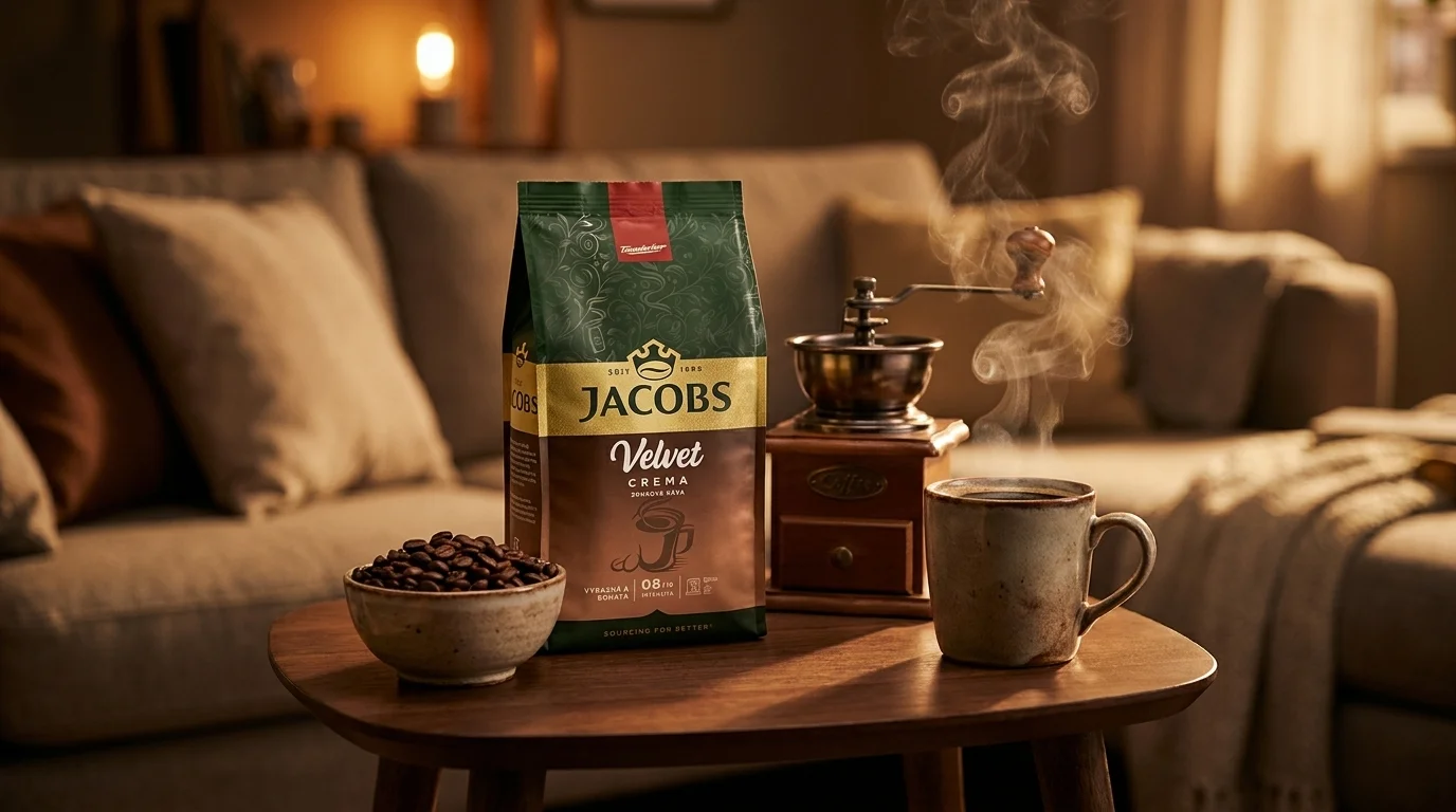 Balenie zrnkovej kávy Jacobs Velvet Crema na drevenom stolíku vedľa misky s kávovými zrnami, ručného mlynčeka a dymiacej šálky kávy.