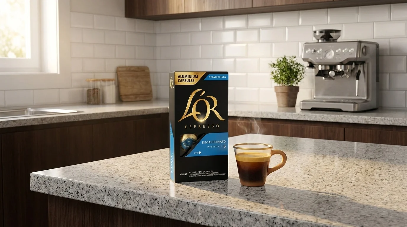 Balenie kávových kapsúl L'OR Espresso Decaffeinato a šálka espressa na kuchynskej linke.
