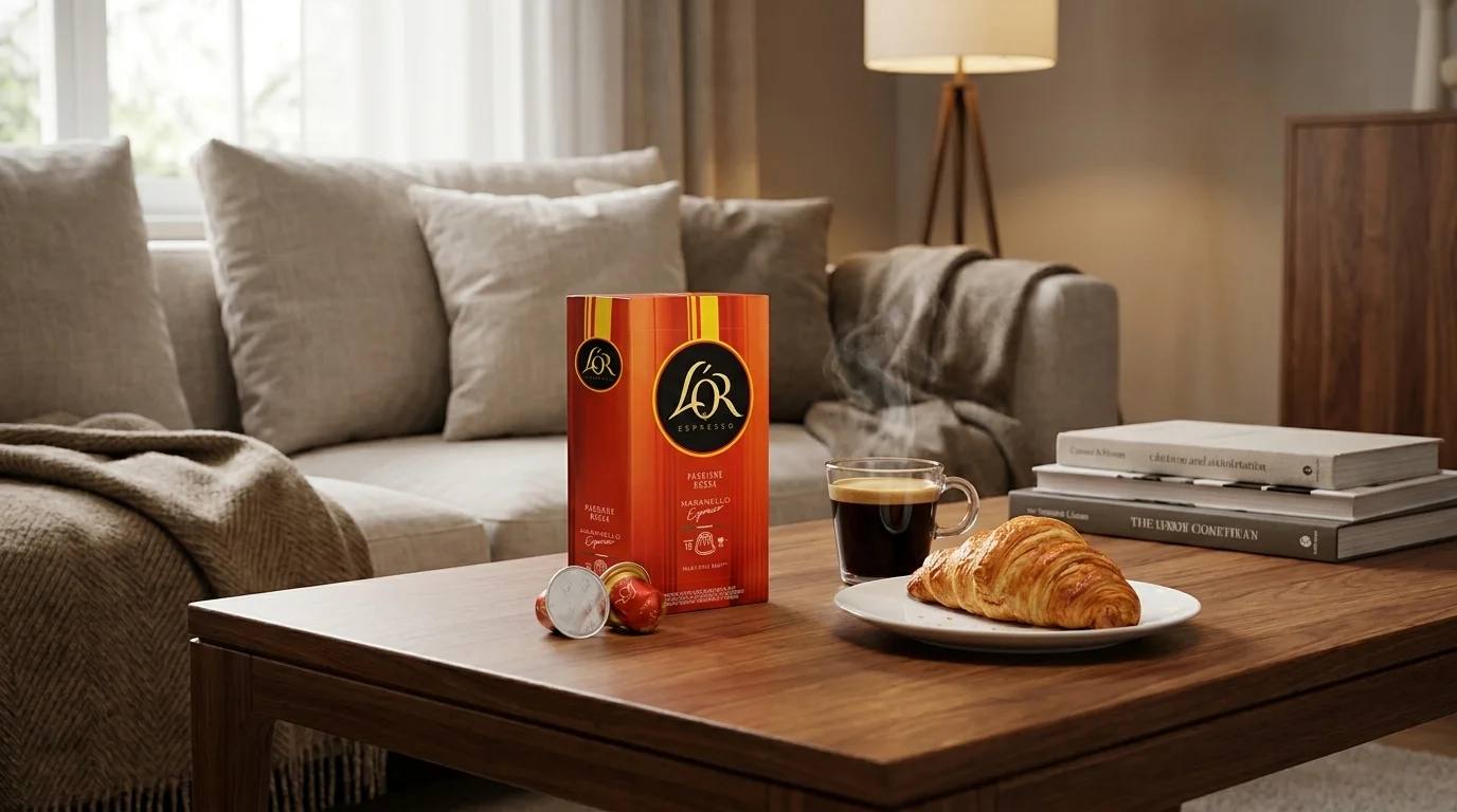 Krabička kávových kapslí L'OR Maranello Espresso na dřevěném stolku vedle šálku kávy a croissantu.