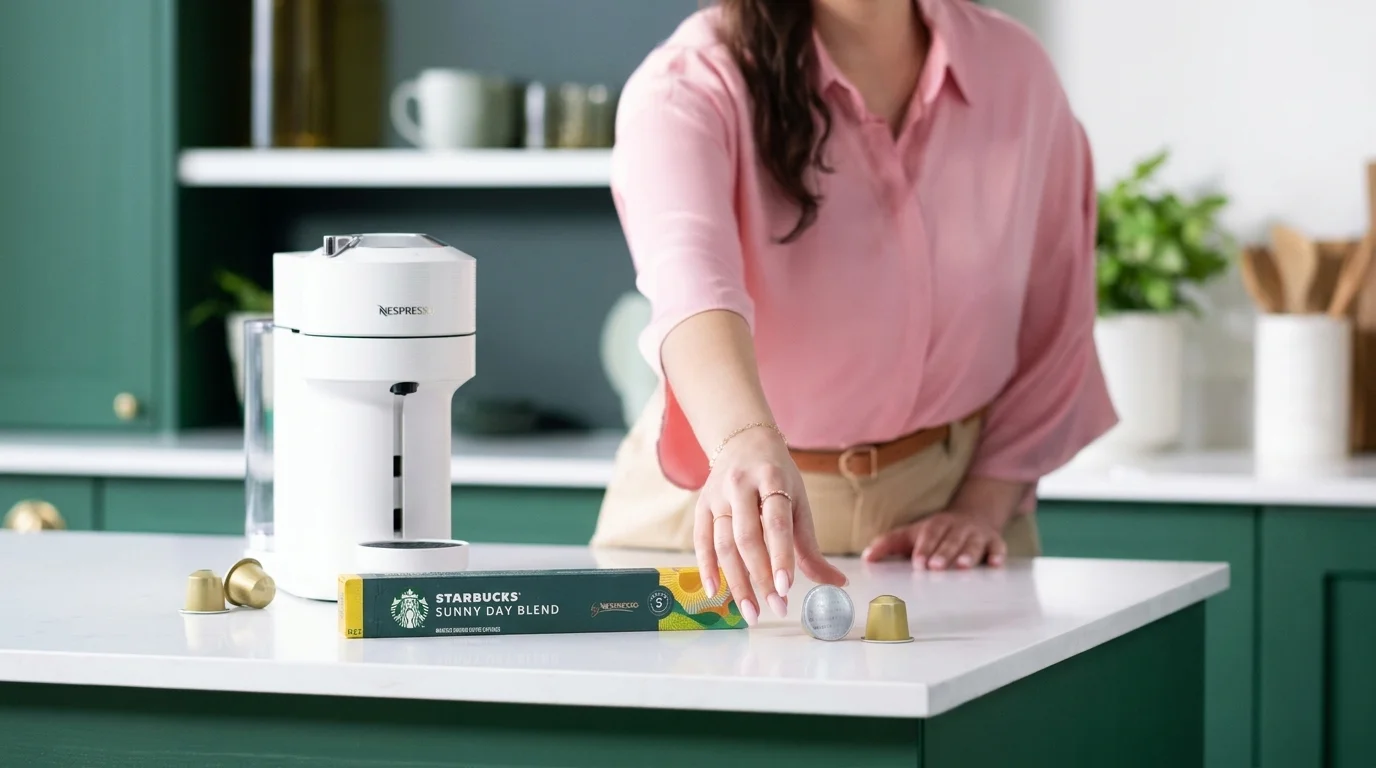 Žena v růžové košili sahá po kávové kapsli Starbucks Sunny Day Blend vedle bílého kávovaru Nespresso a krabičky kapslí.