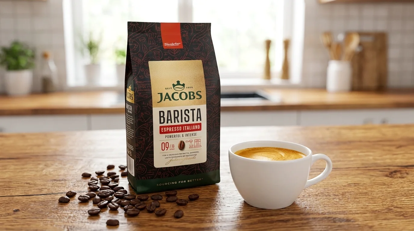 Balenie zrnkovej kávy Jacobs Barista Espresso Italiano na drevenom stole vedľa bielej šálky s kávou a rozsypaných kávových zŕn.