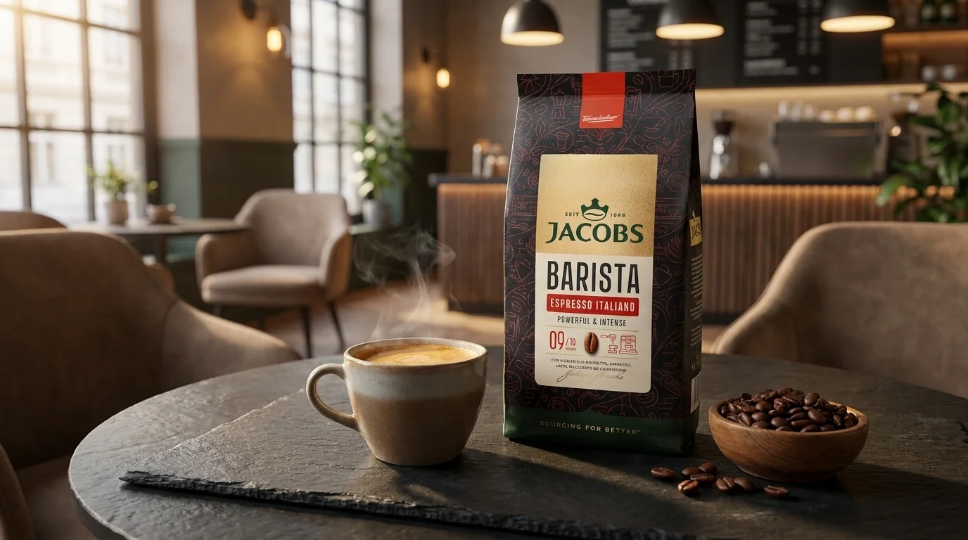 Balenie zrnkovej kávy Jacobs Barista Espresso Italiano, dymiaca šálka kávy a miska s kávovými zrnami na stole v kaviarni.