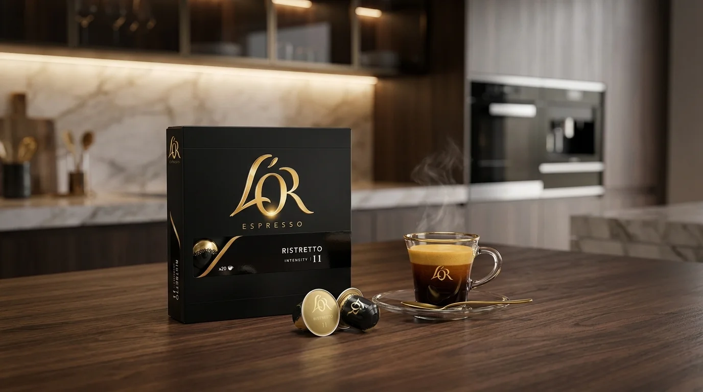 Čierna krabička kávových kapsúl L'OR Ristretto, dve voľné kapsuly a sklenená šálka s dymiacou kávou na drevenom stole.