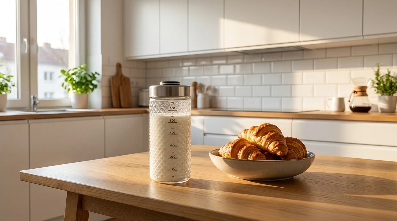 Skleněná nádoba na mléko Krups XS804000 naplněná mlékem stojí na dřevěném stole vedle misky s croissanty v moderní kuchyni.
