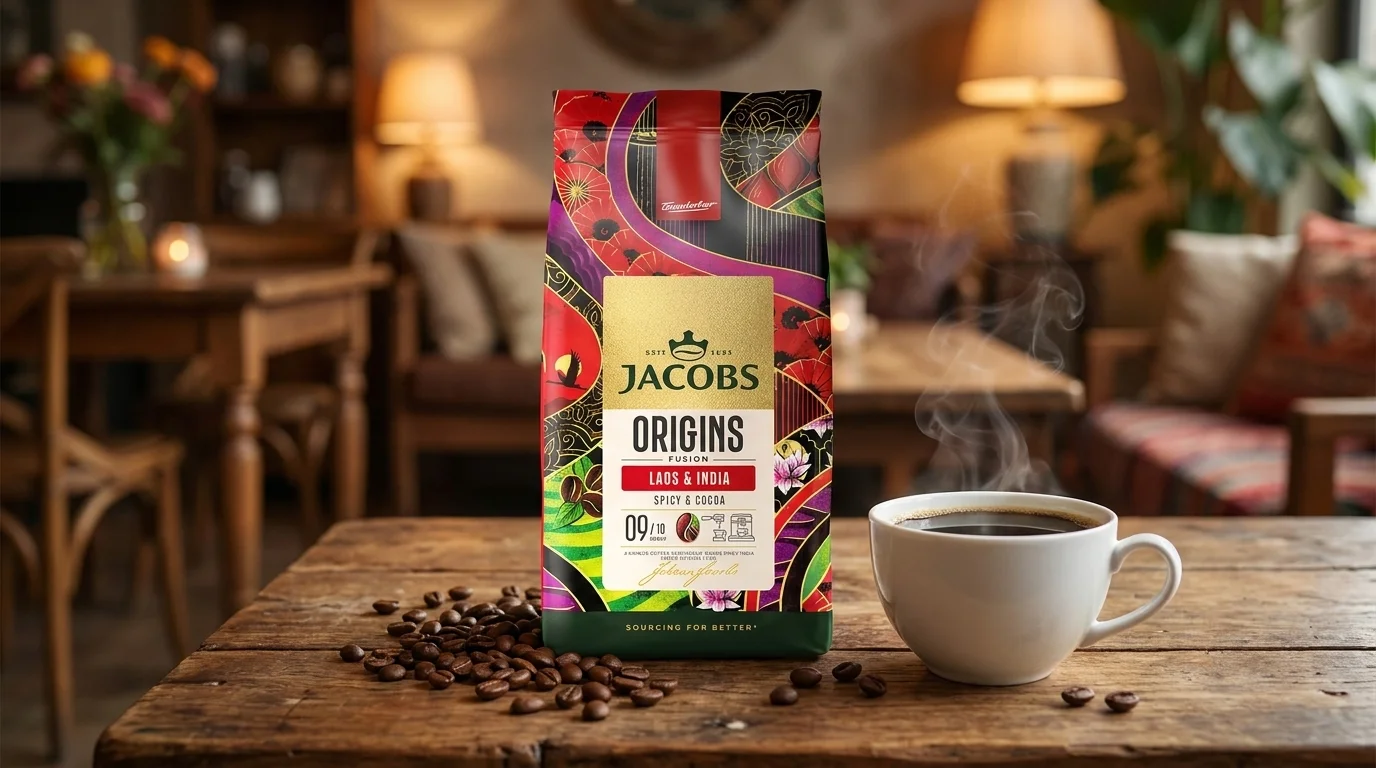 Balenie zrnkovej kávy Jacobs Origins Laos & India na drevenom stole vedľa bielej šálky s horúcou kávou a rozsypaných kávových zŕn.