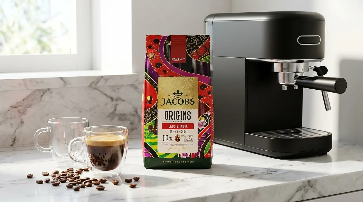 Balenie zrnkovej kávy Jacobs Origins Laos & India na kuchynskej linke vedľa kávovaru a šálky espressa.
