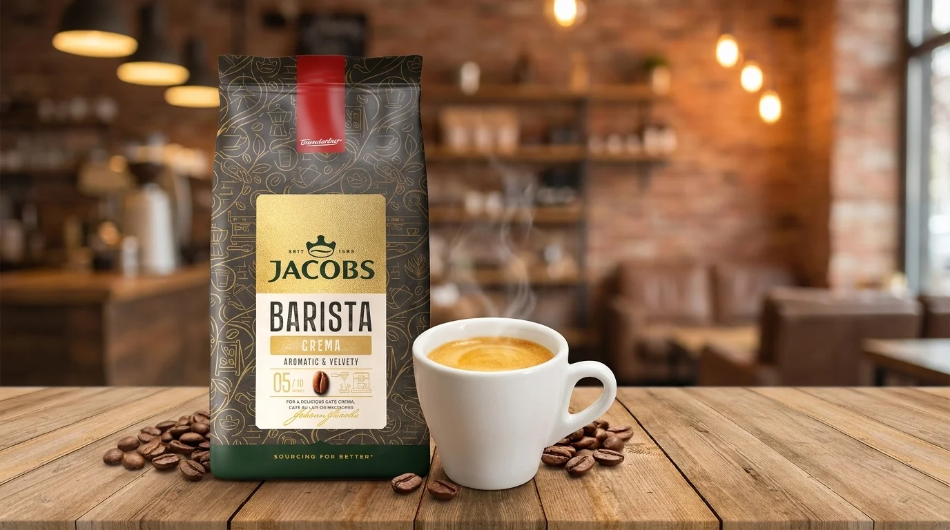 Balenie zrnkovej kávy Jacobs Barista Crema a šálka espressa s penou na drevenom stole s rozsypanými kávovými zrnami.