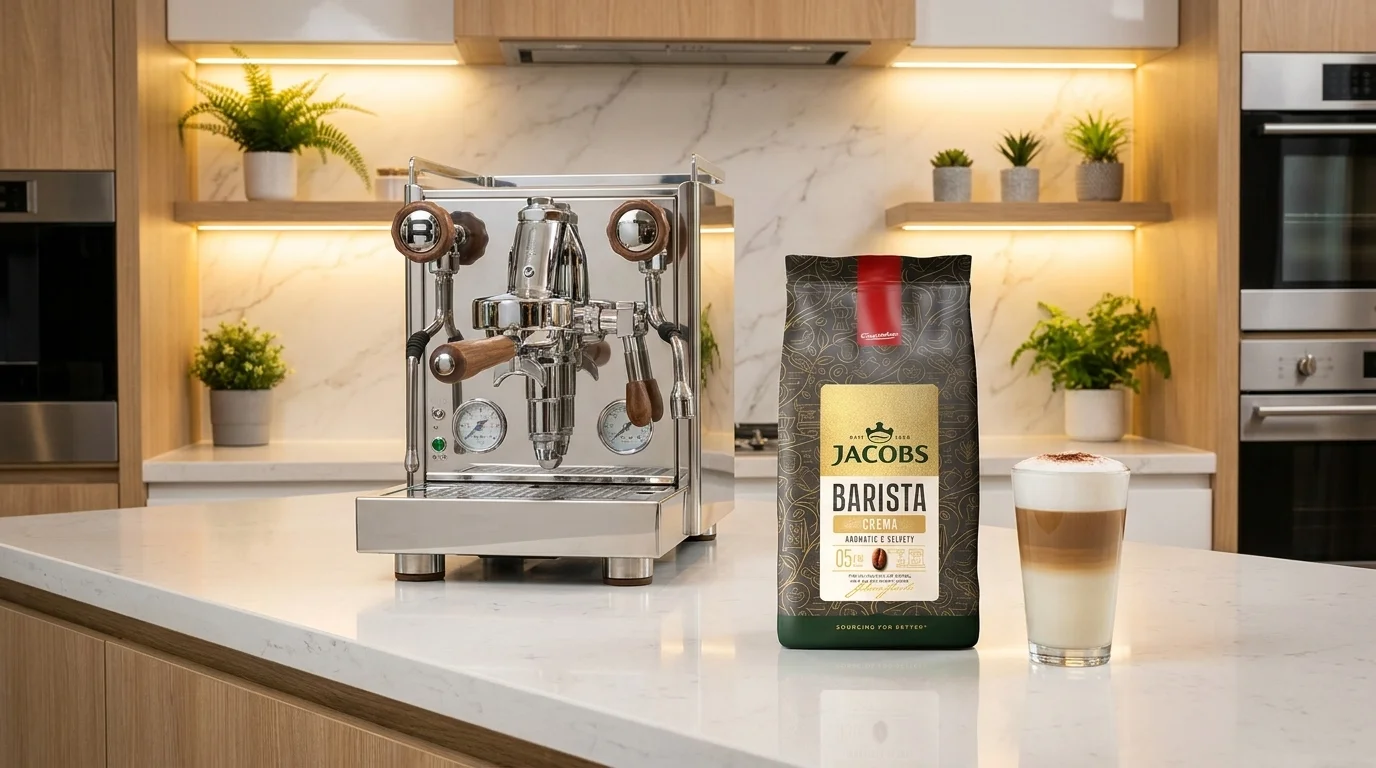 Balenie zrnkovej kávy Jacobs Barista Crema na kuchynskej linke vedľa nerezového kávovaru a pohára s vrstvenou kávou.