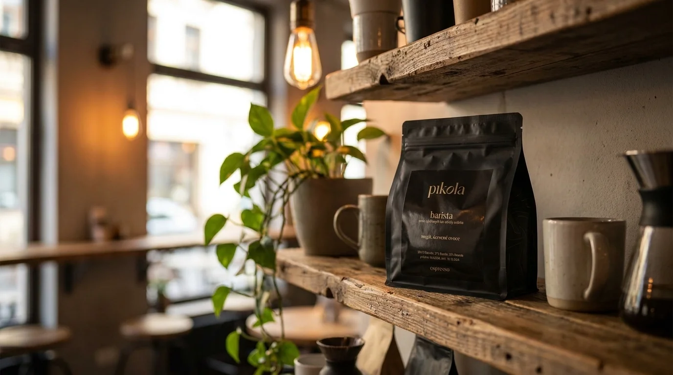 Černé balení zrnkové kávy Sage Pikola Barista na rustikální dřevěné polici v útulné kavárně.