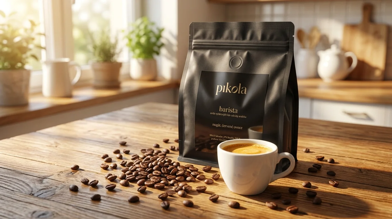 Černé balení zrnkové kávy Pikola Barista s šálkem espressa a rozsypanými kávovými zrny na dřevěném stole.