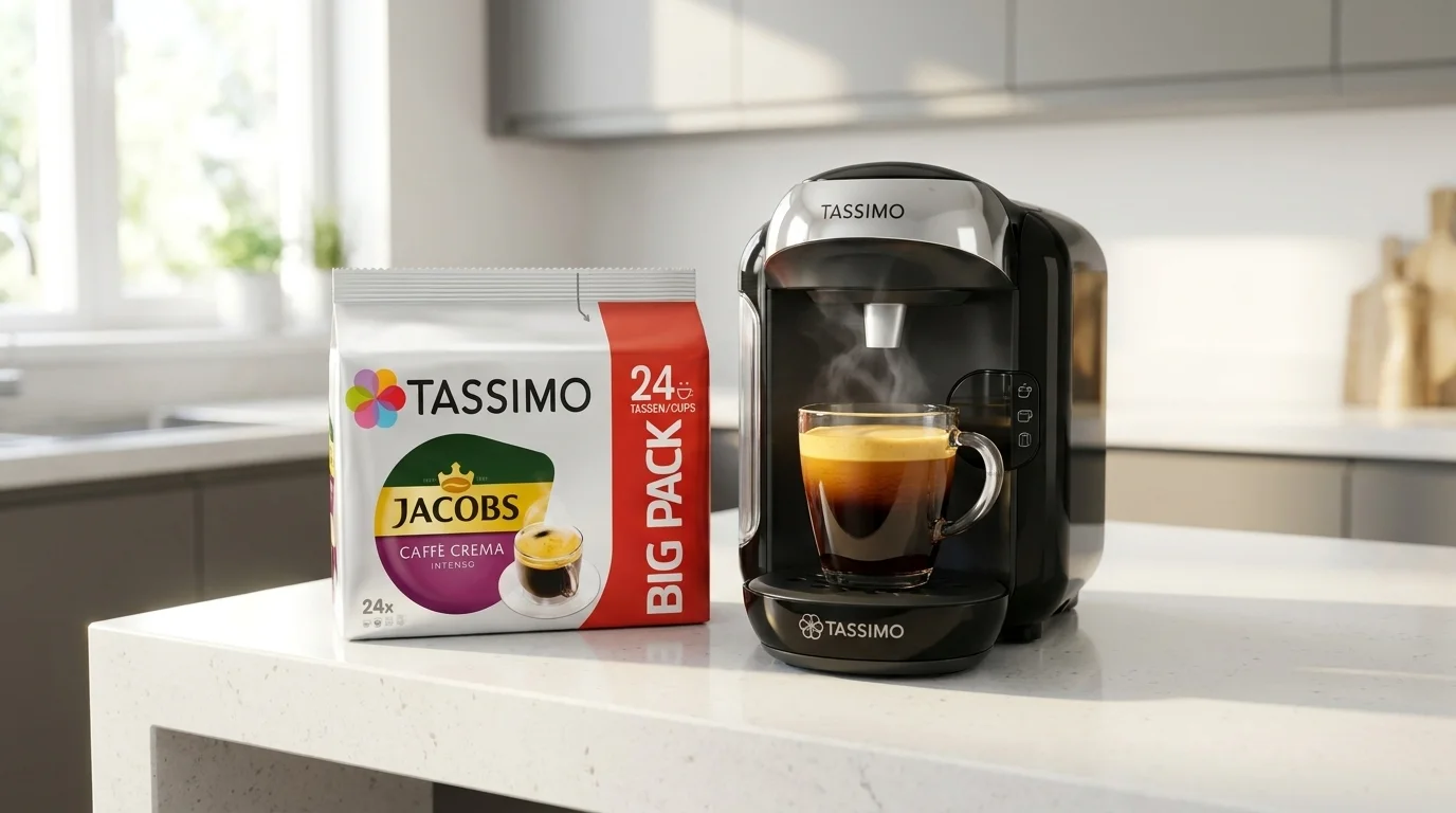 Kávovar Tassimo připravuje kávu do skleněného hrnku vedle balení kapslí Jacobs Caffé Crema Intenso na bílé kuchyňské lince.