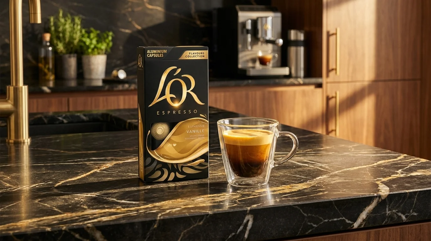 Krabička kávových kapslí L'OR Espresso Vanille a skleněný šálek s čerstvým espressem na tmavé mramorové kuchyňské lince.