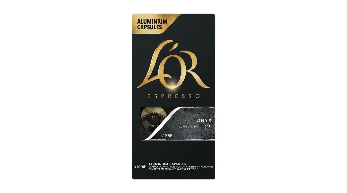 Čierne balenie kávových kapsúl L'OR Espresso Onyx s výrazným zlatým logom a označením intenzity 12.