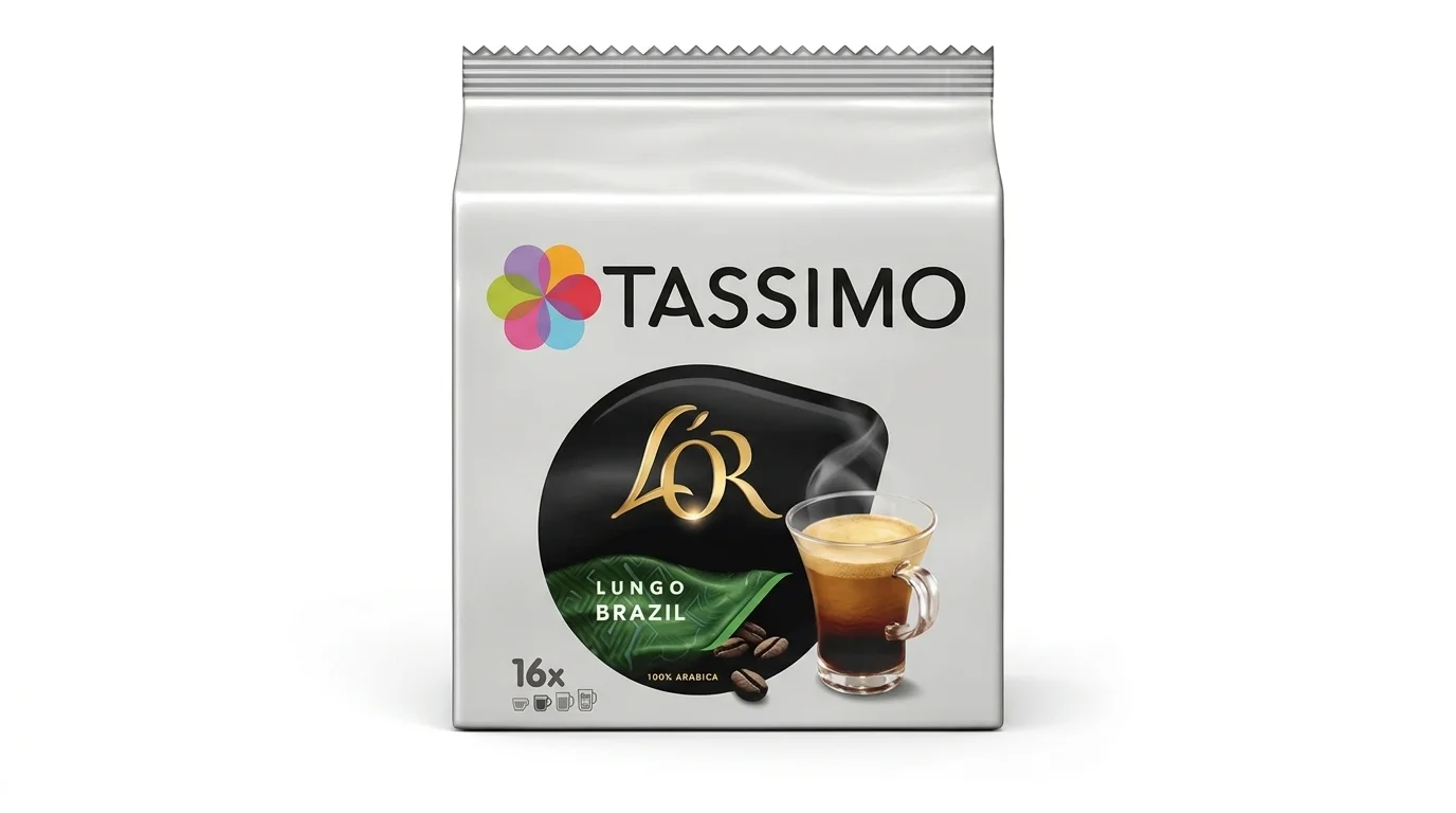 Balenie kávových kapsúl Tassimo L'OR Lungo Brazil s vyobrazením šálky kávy.