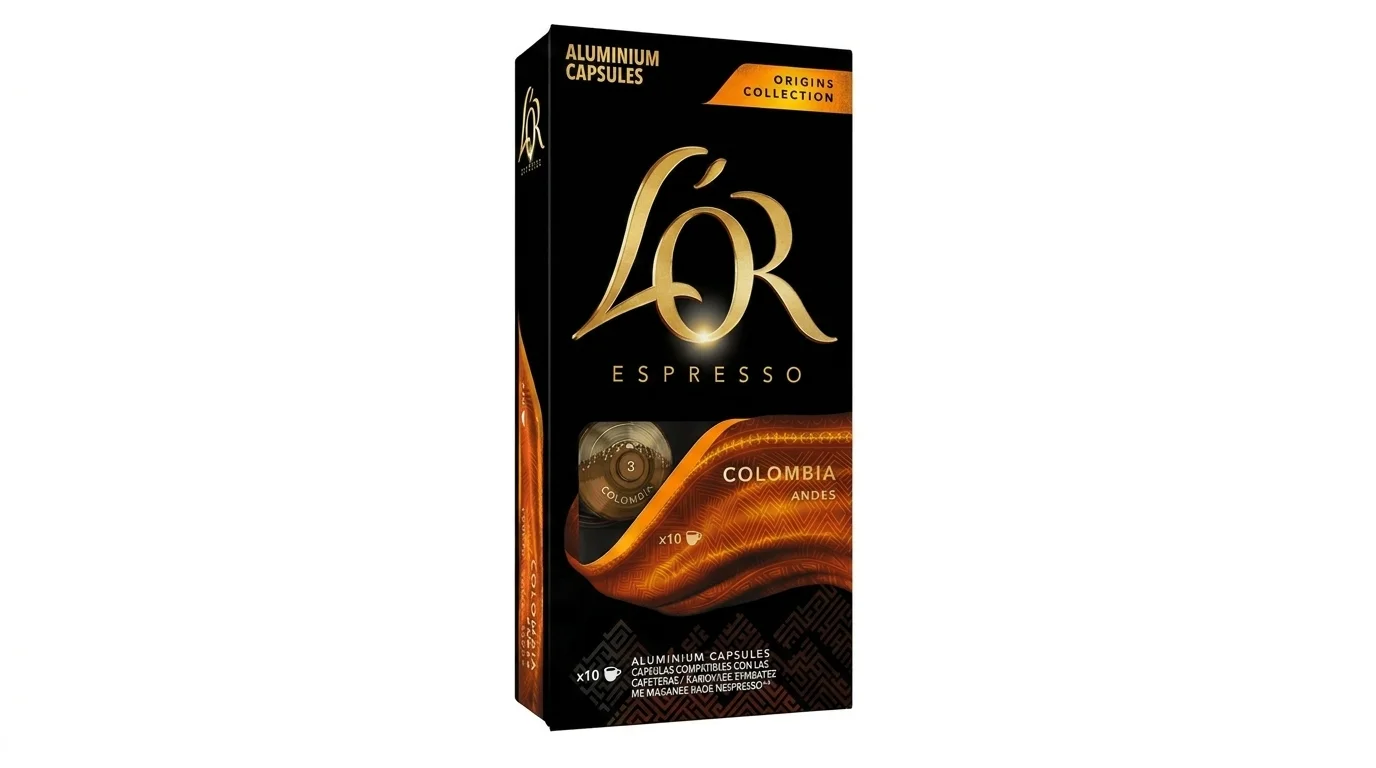 Černá krabička kávových kapslí L'OR Espresso Colombia Andes se zlatým logem a vyobrazením hliníkové kapsle.