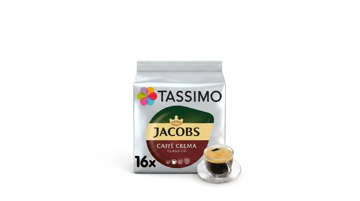 Balenie kávových kapsúl Tassimo Jacobs Caffè Crema Classico 16ks a sklenená šálka s kávou s bohatou penou.