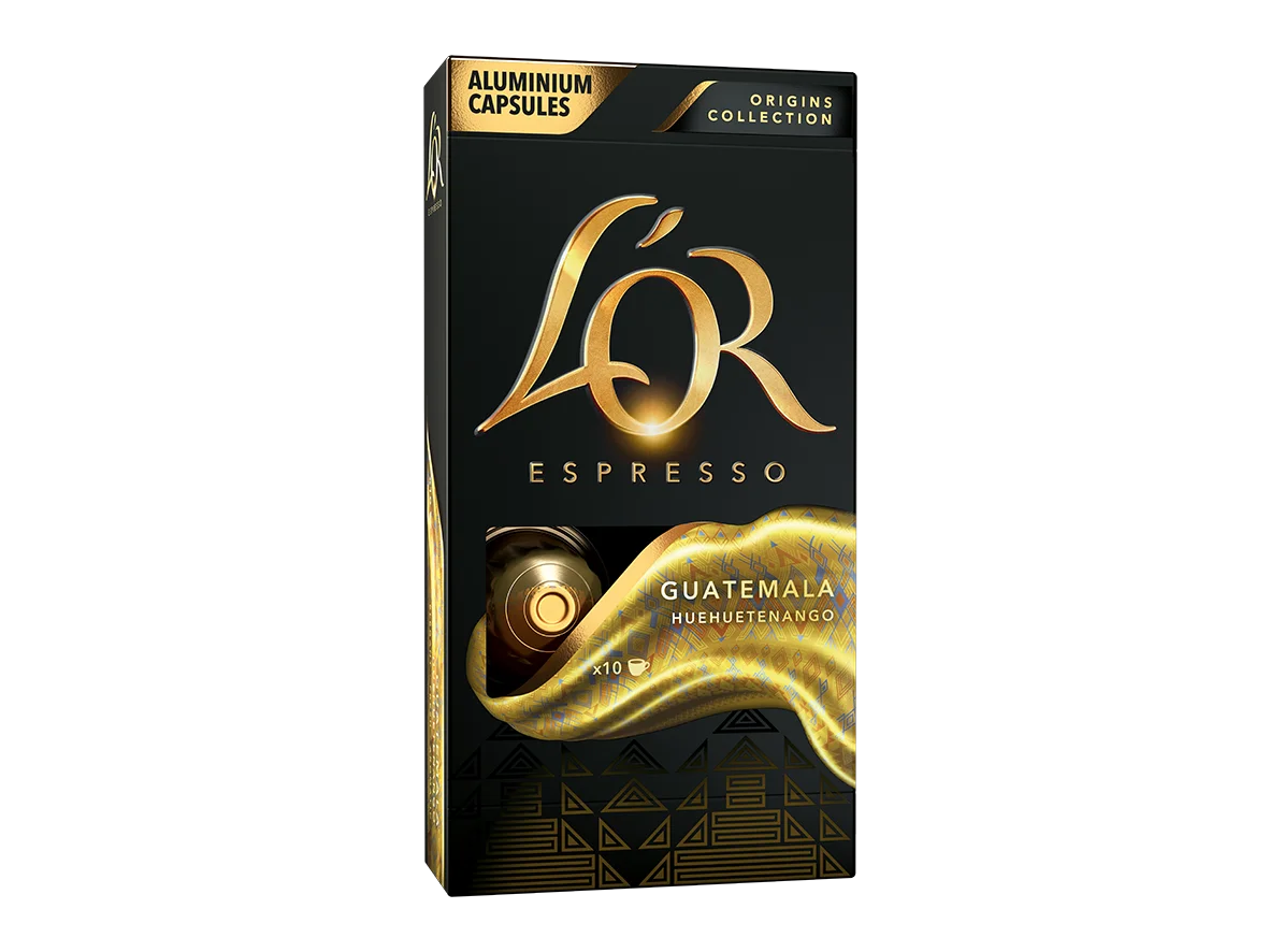 Černá krabička kávových kapslí L'OR Espresso Guatemala Huehuetenango se zlatým logem a označením x10.