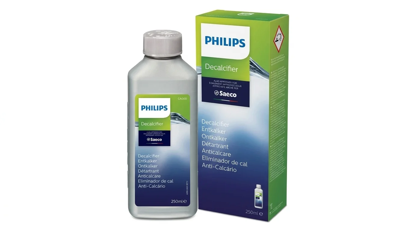 Láhev a krabička tekutého odvápňovače Philips Saeco Decalcifier o objemu 250 ml.