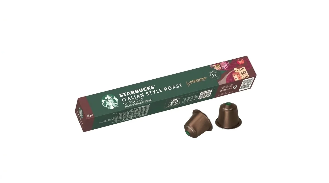 Zelená krabička kávových kapslí Starbucks Italian Style Roast Ristretto se dvěma hnědými kapslemi na bílém pozadí.